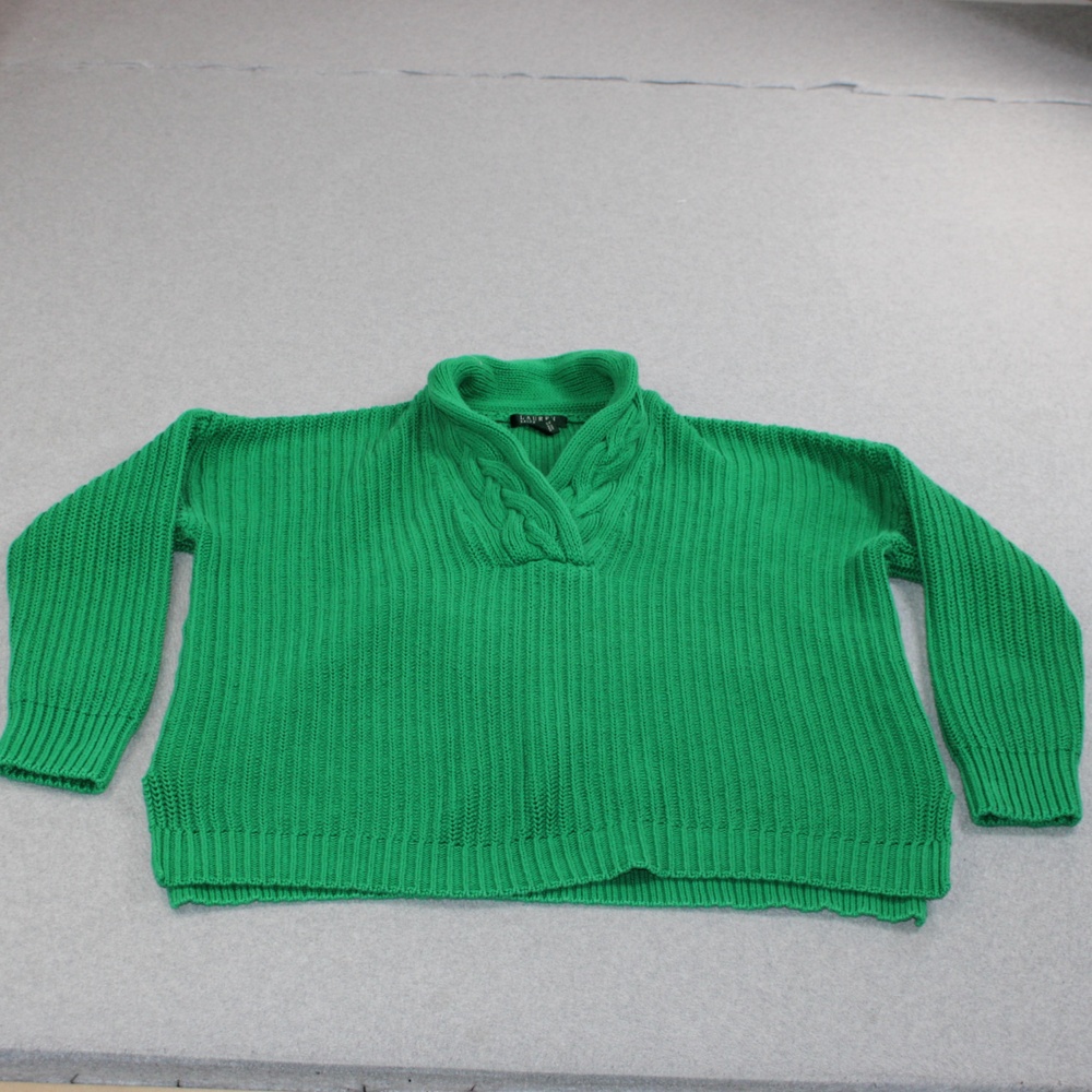 Lauren Ralph Sweater Women XL Green Cable Knit Cotton Pullover Heritage Academia